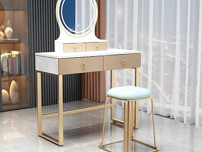 Elegant Dressing Table With Gold Frame Round Mirror Marble Countertop Drawers And Matching Stool 3d model
