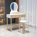 Elegant Dressing Table With Gold Frame Round Mirror Marble Countertop Drawers And Matching Stool