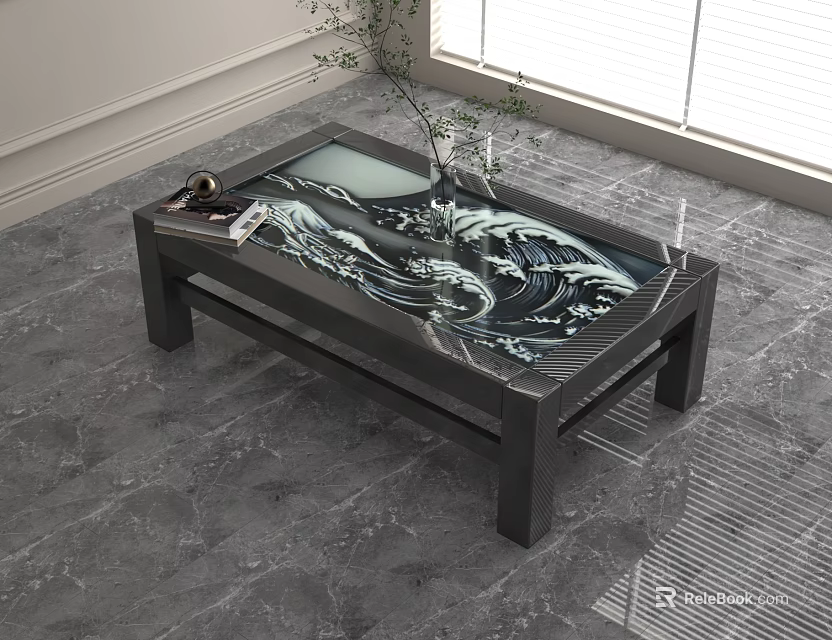 Sleek Modern Coffee Table With Wave Pattern Top On Gray Marble Floor And Decorative Items 3d model 