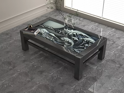 Sleek Modern Coffee Table With Wave Pattern Top On Gray Marble Floor And Decorative Items 3d model