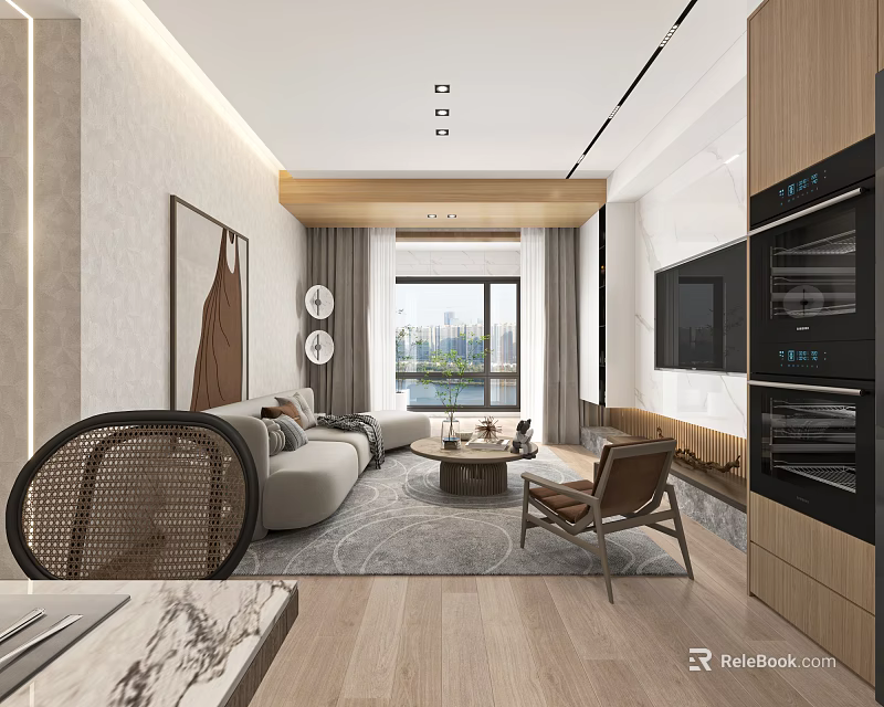 Modern Elegant Living Dining Room Interior With Sofa Coffee Table And Floor to Ceiling Windows 3d model