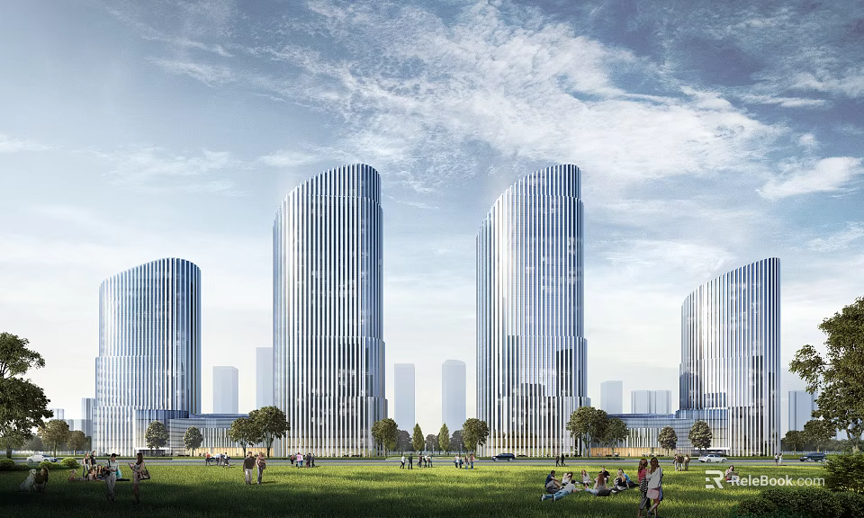Modern Glass Office Buildings With Green Lawn And People 3d model 