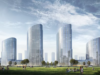 Modern Glass Office Buildings With Green Lawn And People 3d model