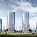 Modern Glass Office Buildings With Green Lawn And People
