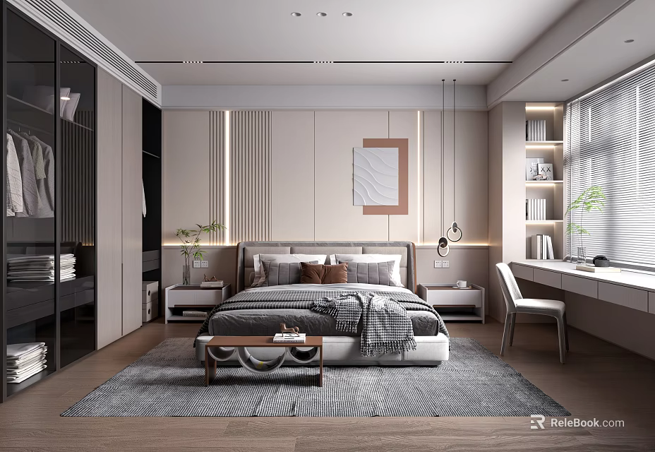 Modern Minimalist Bedroom Interior With Bed Nightstands Rug Wardrobe Desk Artwork And Pendant Lights 3d model 