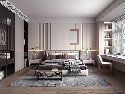 Modern Minimalist Bedroom Interior With Bed Nightstands Rug Wardrobe Desk Artwork And Pendant Lights 3d model