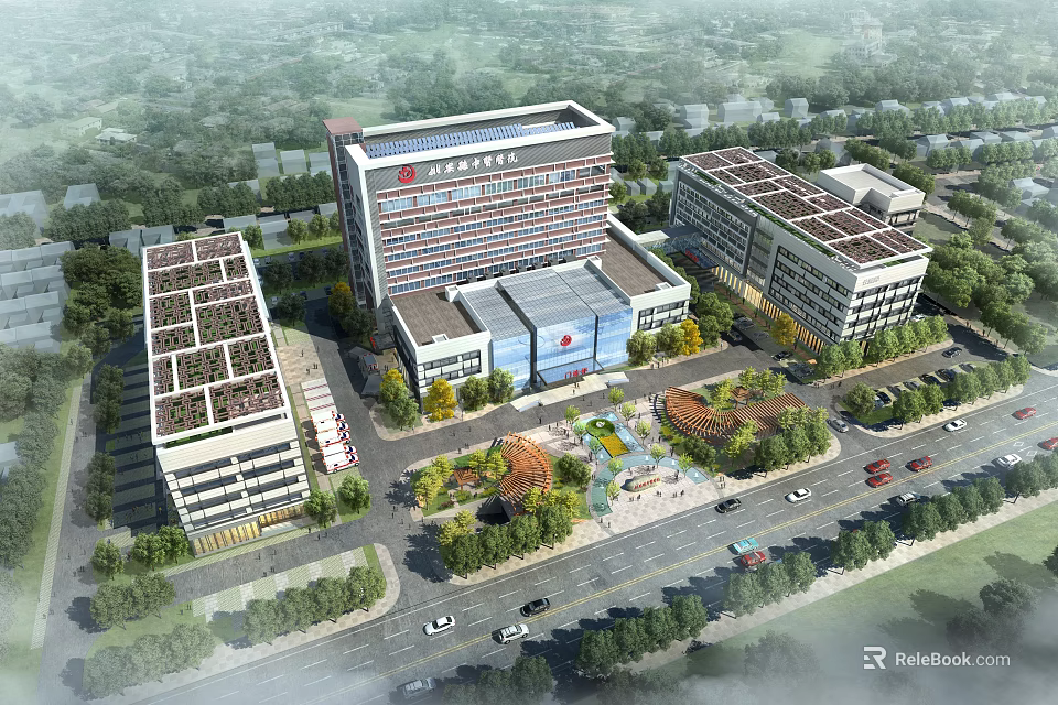Industrial Factory Complex With Multiple Buildings Solar Panels Greenery Central Courtyard and Roads 3d model 