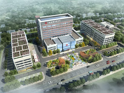 Industrial Factory Complex With Multiple Buildings Solar Panels Greenery Central Courtyard and Roads 3d model