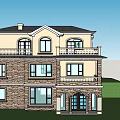 European Style Detached Villa With Stone Wall Arched Windows Balcony Brown Door And White Car