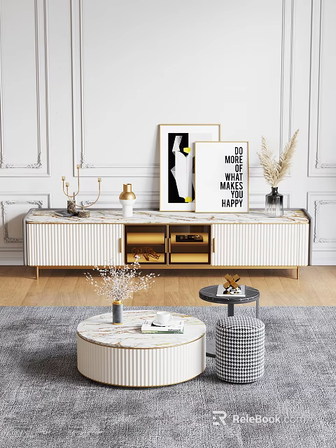 Modern White and Gold TV Stand with Wall Art and Decorative Items 3d model 