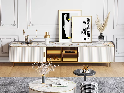 Modern White and Gold TV Stand with Wall Art and Decorative Items 3d model