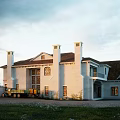 Classical Detached Villa White Exterior Red Tile Roof Arched Windows And Vintage Truck