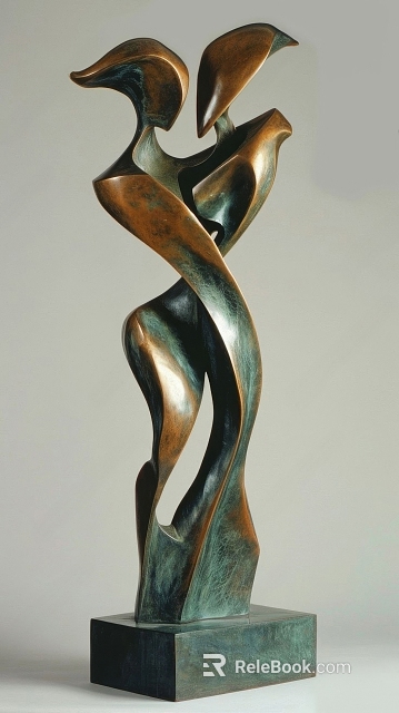 Abstract Metallic Sculpture Carving With Curved Flowing Lines And Bronze Greenish Finish 3d model 