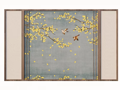 Decorative Wall Art With Yellow Ginkgo Leaves And Birds On Blue Background 3d model