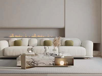 White Three Seater Sofa with Green Cushions and Marble Coffee Table in Modern Living Room 3d model