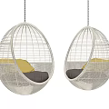 White Wicker Egg Hanging Chairs with Yellow and Grey Cushions