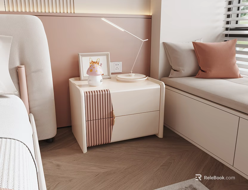 Modern Bedside Table in Bedroom with Table Lamp Photo Frame and Window Seat Pink Cushion 3d model 