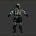 3D Tactical Character Wearing Hooded Camouflage Sweatshirt Brown Vest Face Mask Knee Pads And Boots