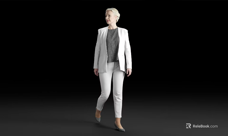 Woman in White Blazer and White Pants with Gray Patterned Top Standing on Black Background 3d model 