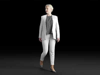 Woman in White Blazer and White Pants with Gray Patterned Top Standing on Black Background 3d model