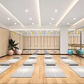 Spacious Yoga Studio with Wooden Floors Neatly Arranged Yoga Mats Mirror Walls and Soft Lighting