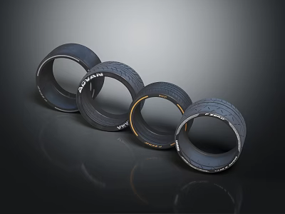 Four Shiny Black Tires With Brand Logos Arranged In A Row 3d model
