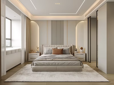 Modern Bedroom Interior Design With Upholstered Bed Area Rug And Striped Wall Paneling 3d model