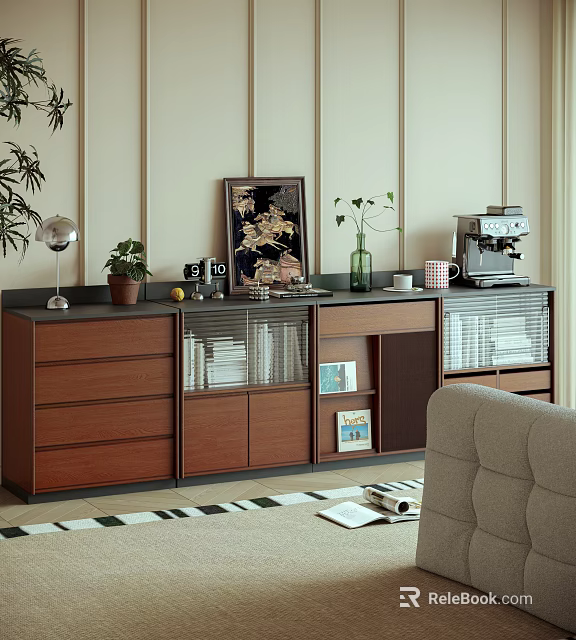 Elegant Wooden Decorative Cabinet in Living Room With Potted Plants Vase Picture Frame Coffee Machine 3d model 