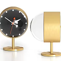 Gold Round Clocks with Black Dial White Red Hands and Hong Kong Designer Stand Base