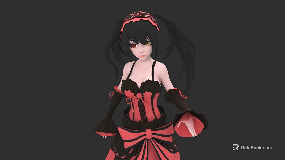 Game And Movie Female Character With Twin Ponytails Black Red Dress And Long Gloves 3d model 