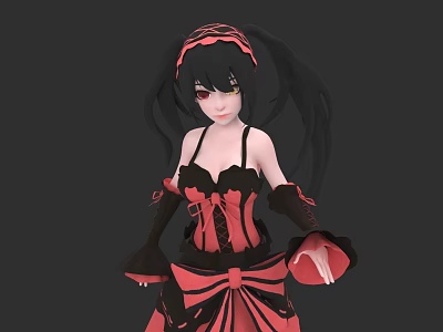 Game And Movie Female Character With Twin Ponytails Black Red Dress And Long Gloves 3d model