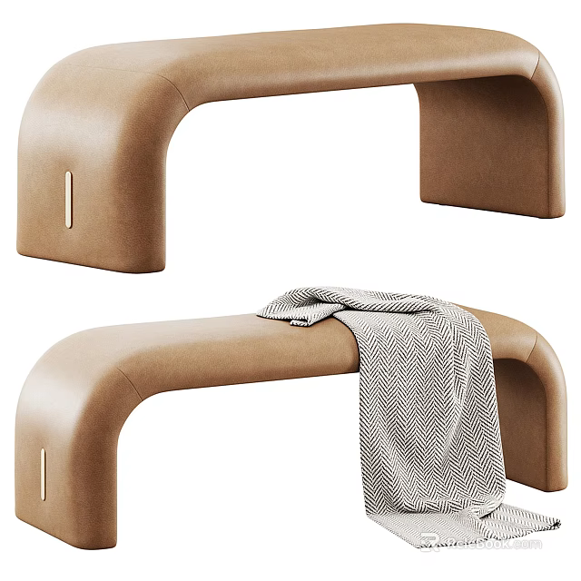 Modern Light Brown Leather Curved Bench With a Gray Blanket on Top 3d model 