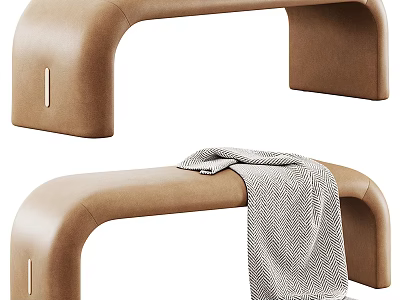 Modern Light Brown Leather Curved Bench With a Gray Blanket on Top 3d model