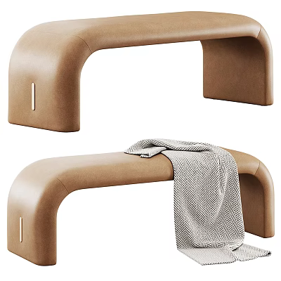 Modern Light Brown Leather Curved Bench With a Gray Blanket on Top 3d model