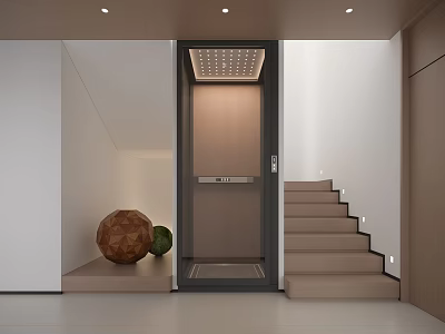Modern Interior Design With Light Wood Stairs Elevator Step Lighting And Decorative Spheres 3d model