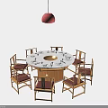 Round Wooden Dining Table Set With Chairs Dark Cushions Red Pendant Light And Tableware