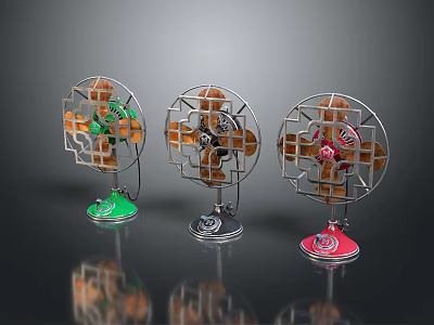 Vintage Table Fans Three Different Colors Green Silver Pink With Metal Grid Design 3d model