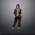 Red haired woman standing in brown coat blue top dark pants red shoes gray background