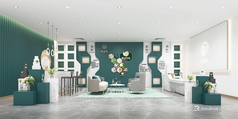 Modern Retail Store Interior With Green White Walls Sofas Reception Desk And Decorative Plants 3d model 