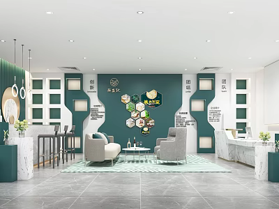 Modern Retail Store Interior With Green White Walls Sofas Reception Desk And Decorative Plants 3d model