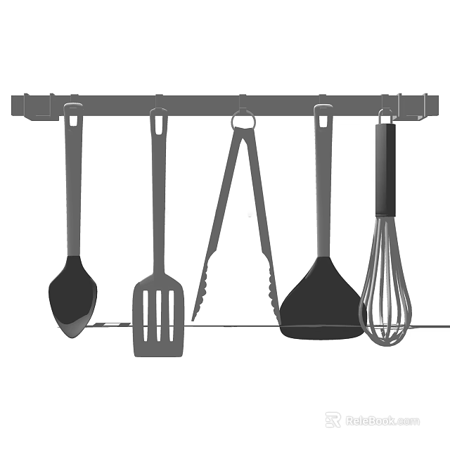 Kitchen Cooking Utensils Hanging on Wall Mounted Rack with Spoon Spatula Tongs and Whisk 3d model 