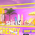 SHEIN Trendy Yellow Mobile Fashion Truck With Palm Tree Surfboard Umbrella And Beach Decor