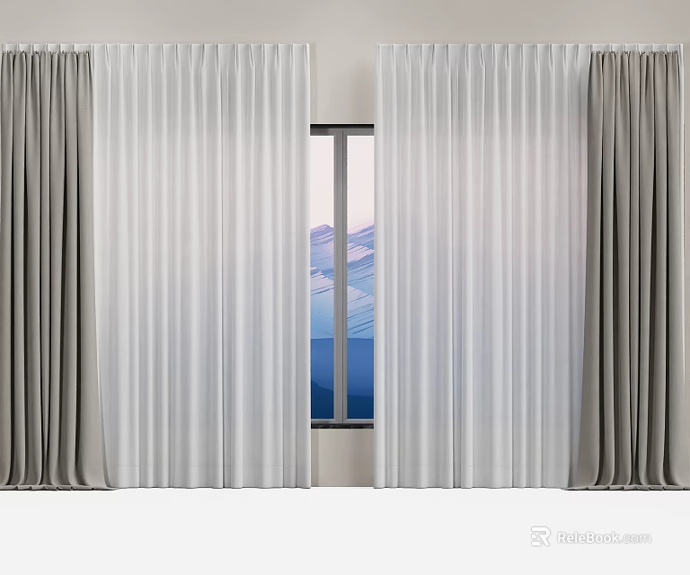 Modern Gray And White Curtains For Window With Mountain View And Sheer Layers 3d model 