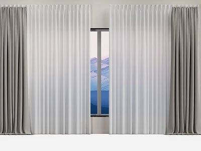 Modern Gray And White Curtains For Window With Mountain View And Sheer Layers 3d model