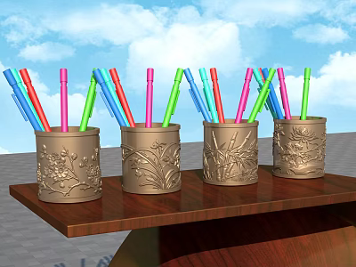 Colorful Pens in Carved Metal Holders on Wooden Shelf With Blue Sky Background 3d model
