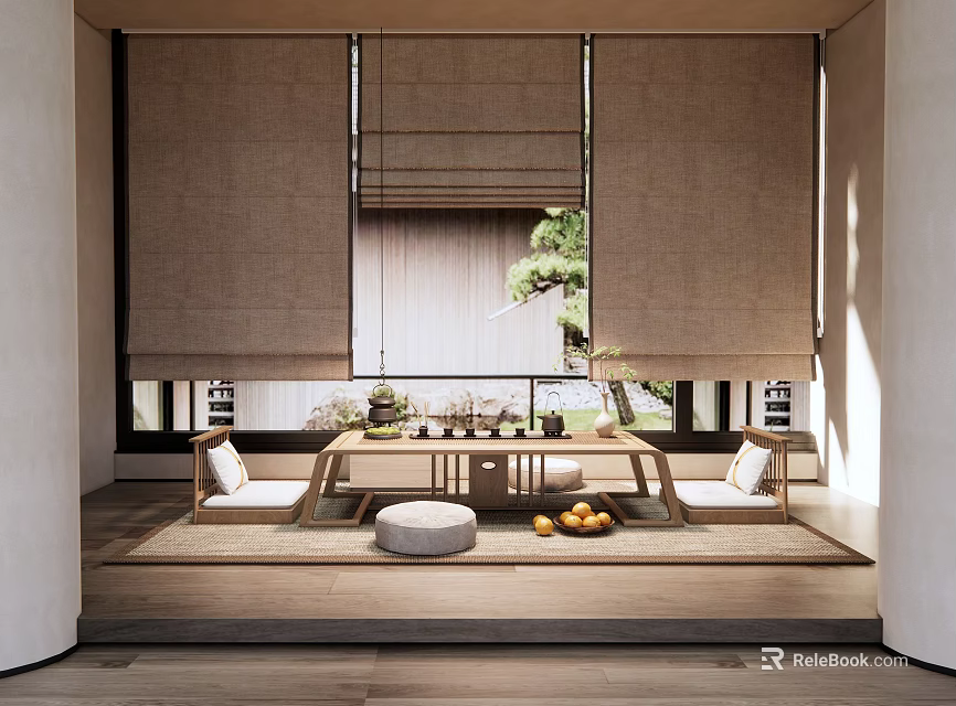 Minimalist Tea Room Interior With Beige Roller Blinds Wooden Table And Tatami Seating 3d model 