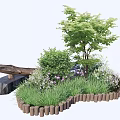 Flower Bed Planters with Green Trees Shrubs and Colorful Flowers in Garden Landscape