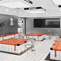 SEVENBUS Milk Tea Shop Modern Interior With White Tiled Walls Red Tables And Comfortable Seating Area