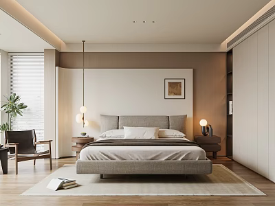 Modern Bedroom Interior With Large Bed Nightstands Hanging Lamp Wall Art And Area Rug 3d model