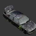 Abandoned Rusty Car With Open Hood Covered In Mud And Vegetation
